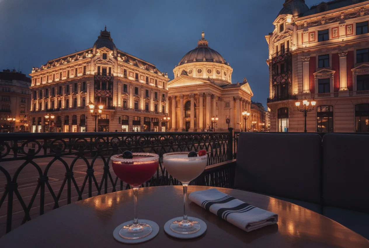 La Calea Victoriei à l'heure bleue : façades éclairées, coupole de l'Athénée roumain et deux cocktails en terrasse.