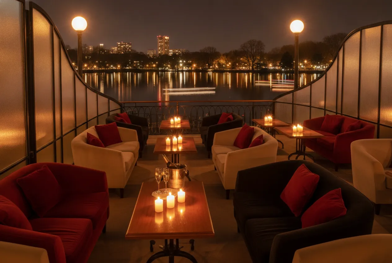 Une terrasse lounge au bord du lac Herăstrău la nuit : canapés de velours, bougies et deux coupes de champagne.